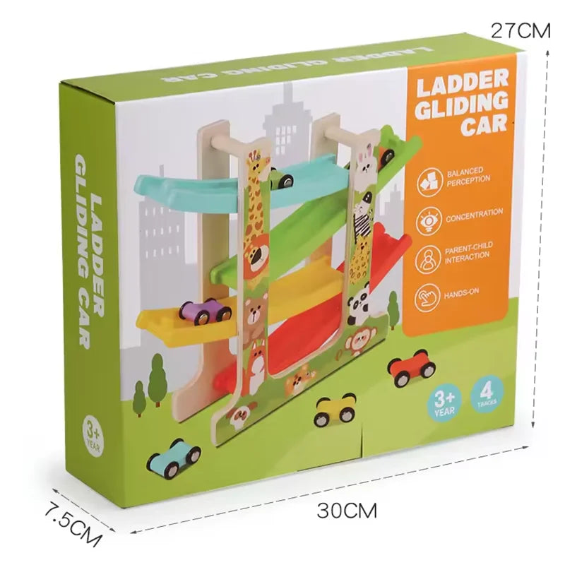 Kids Wooden Glider Track Toy – Four-Layer Montessori Car Ramp