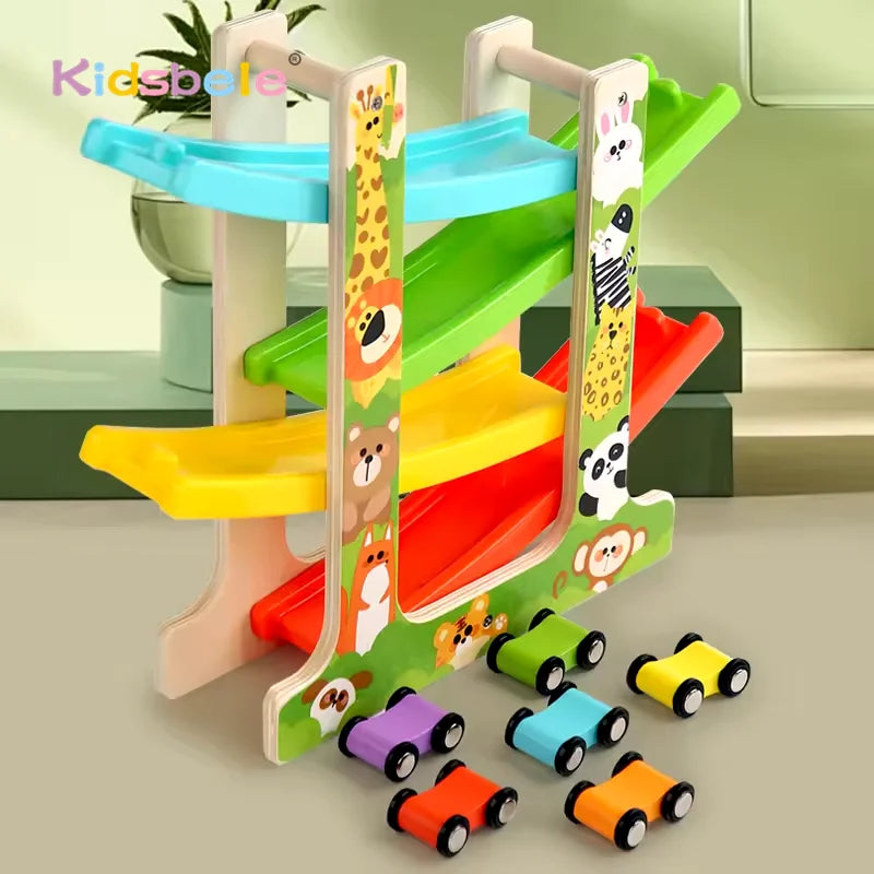 Kids Wooden Glider Track Toy – Four-Layer Montessori Car Ramp