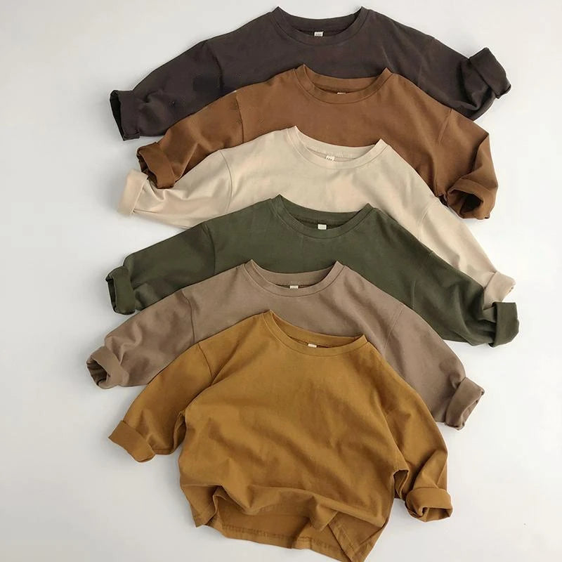 Kids Cotton Long Sleeve T-Shirt – Solid Color Autumn Top