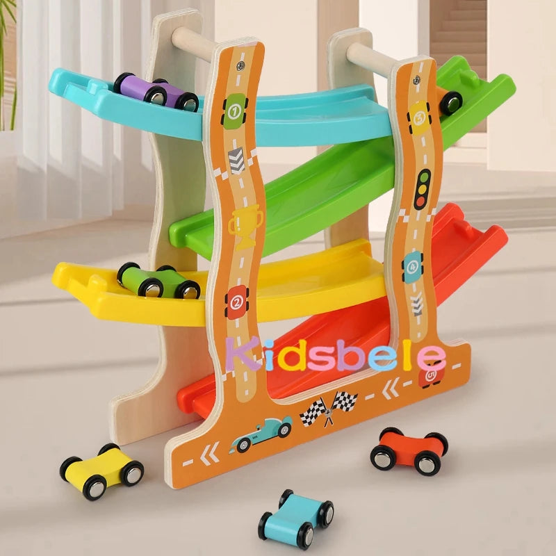 Kids Wooden Glider Track Toy – Four-Layer Montessori Car Ramp