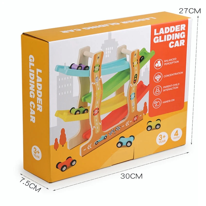 Kids Wooden Glider Track Toy – Four-Layer Montessori Car Ramp