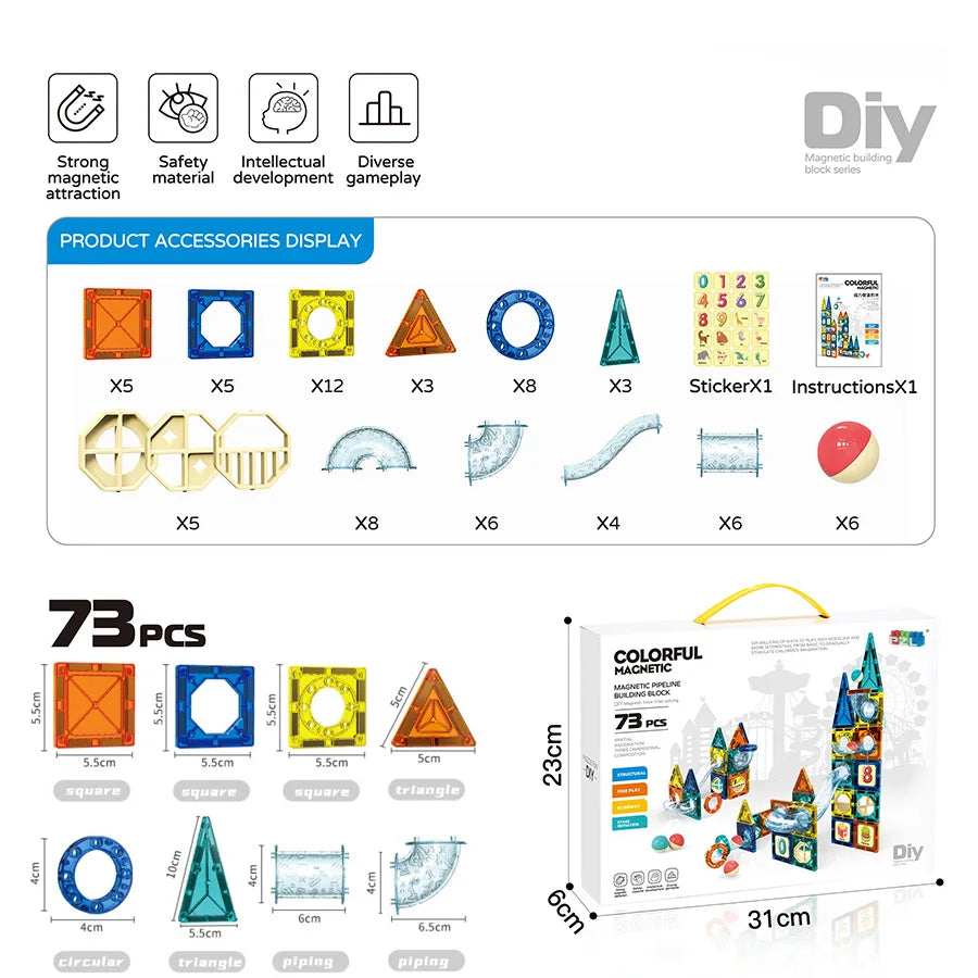 73PCS Magnetic Pipe Building Blocks – Educational Playset for Kids