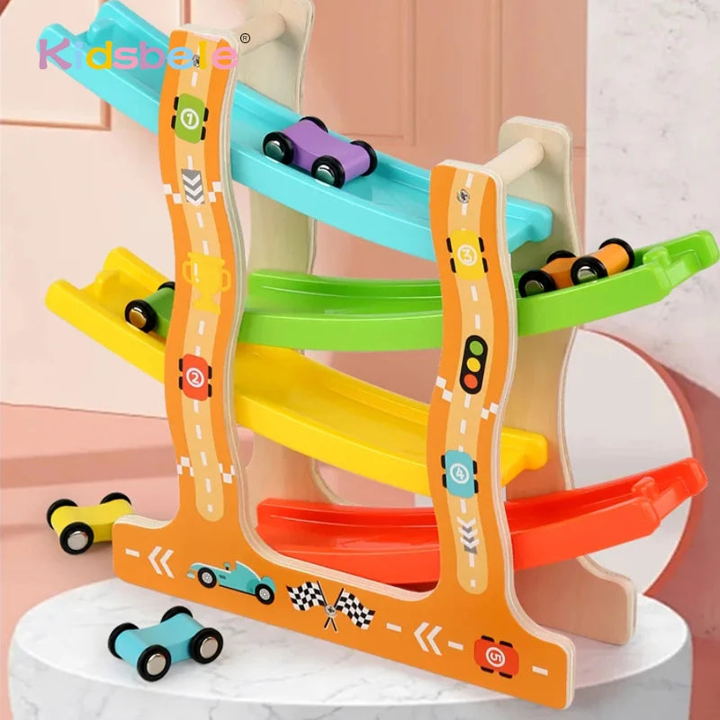 Kids Wooden Glider Track Toy – Four-Layer Montessori Car Ramp