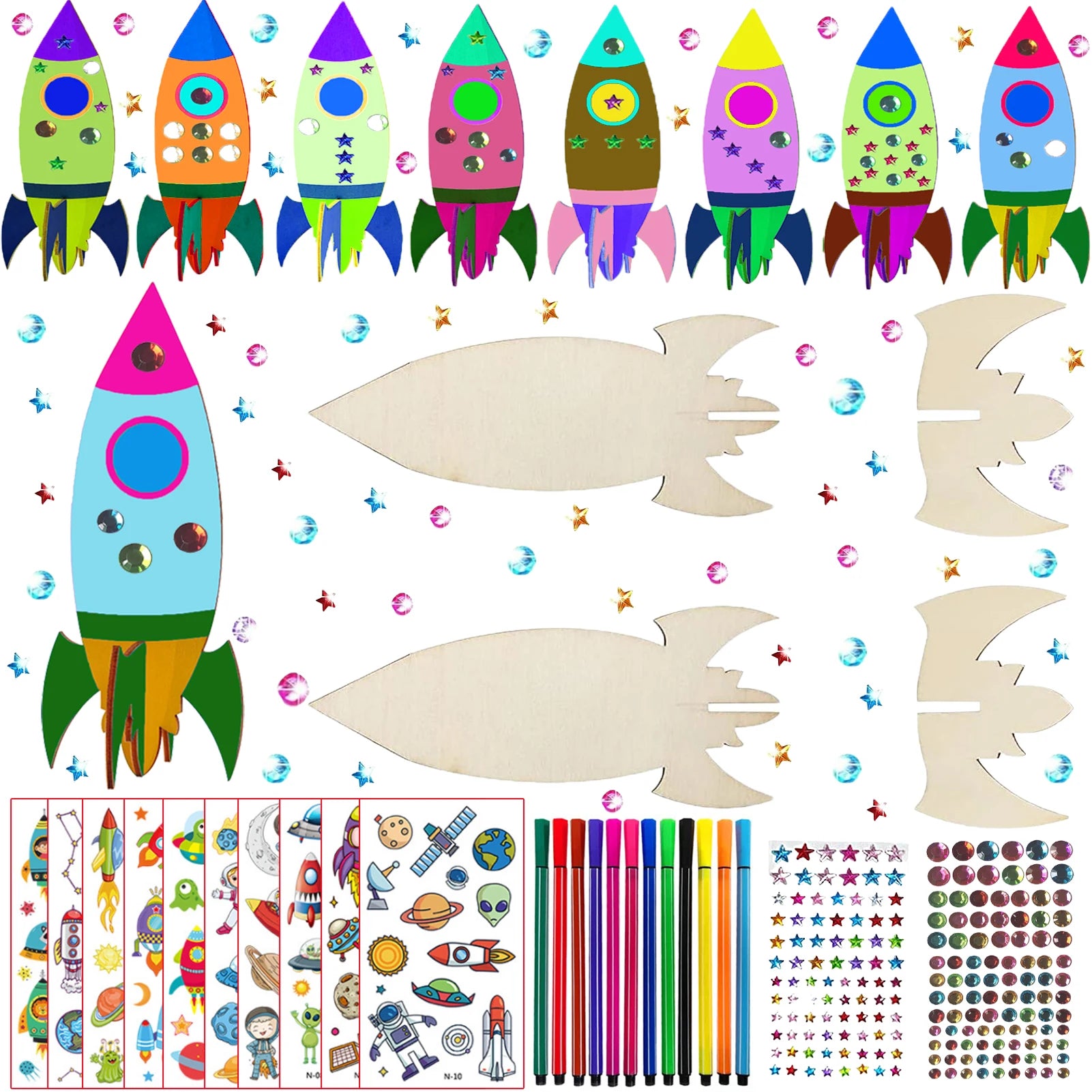 32-Piece Rocket DIY Wood Craft Kit – Kids Painting & Birthday Activity