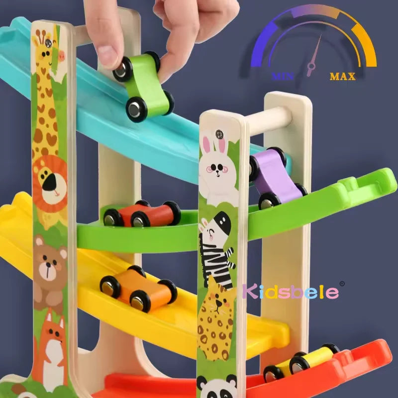 Kids Wooden Glider Track Toy – Four-Layer Montessori Car Ramp