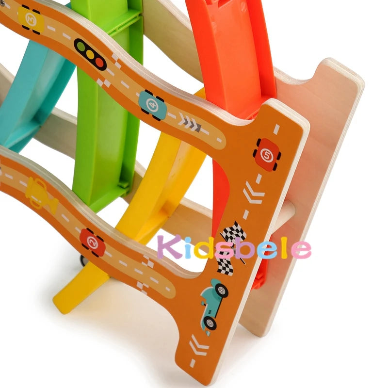 Kids Wooden Glider Track Toy – Four-Layer Montessori Car Ramp