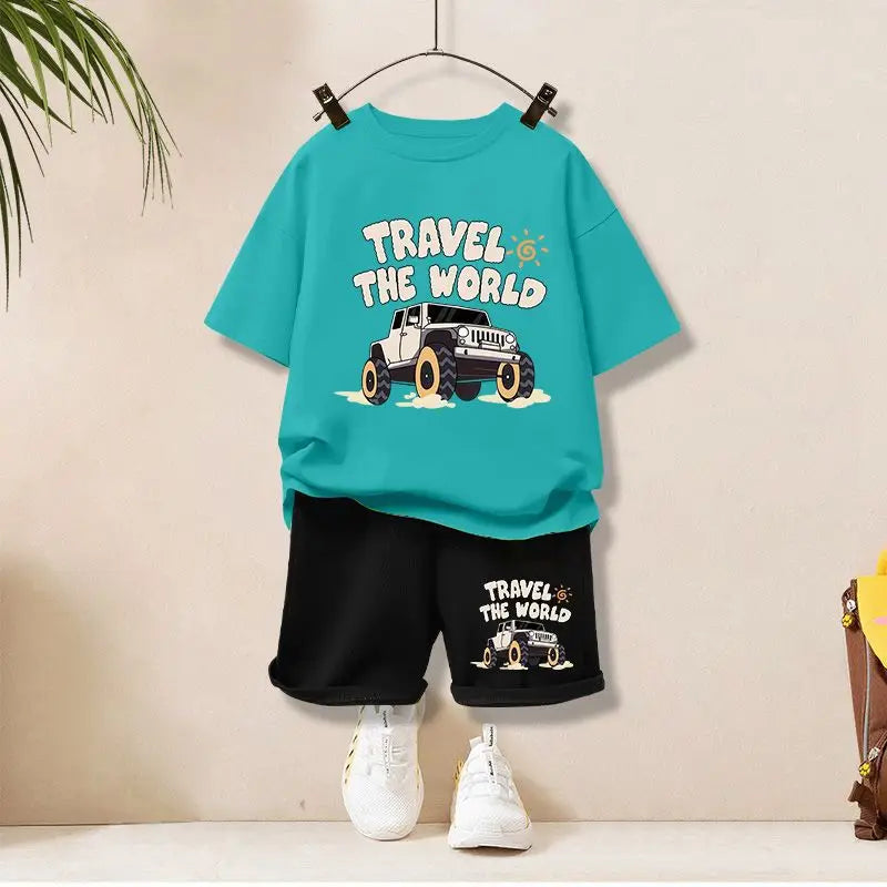 Kids Summer Cartoon Set – Short Sleeve Top & Shorts 2PCS