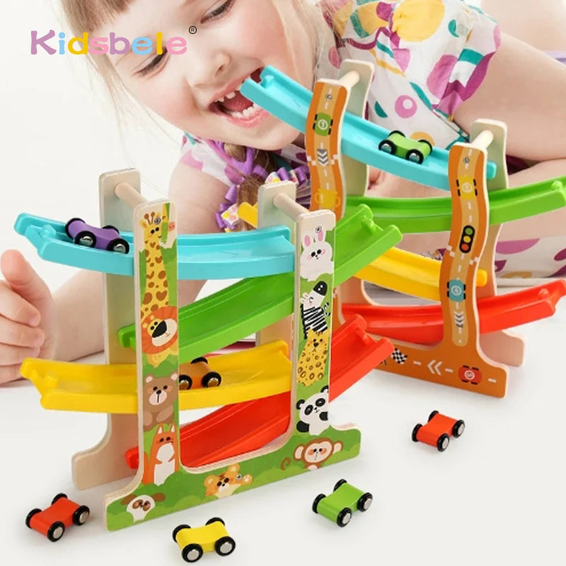 Kids Wooden Glider Track Toy – Four-Layer Montessori Car Ramp