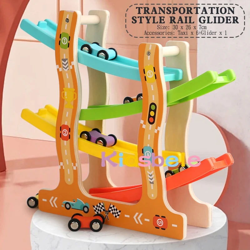 Kids Wooden Glider Track Toy – Four-Layer Montessori Car Ramp