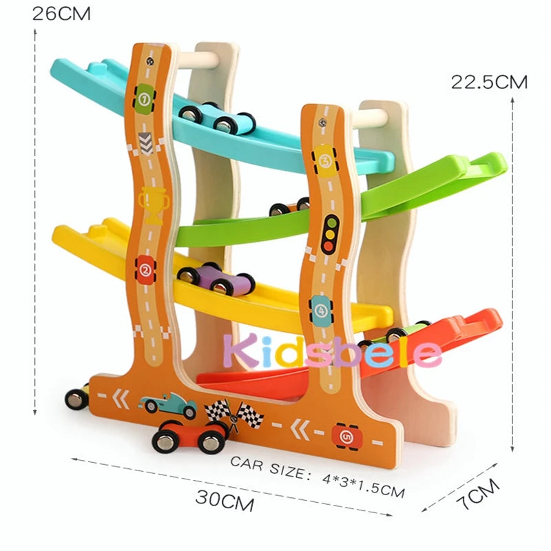 Kids Wooden Glider Track Toy – Four-Layer Montessori Car Ramp