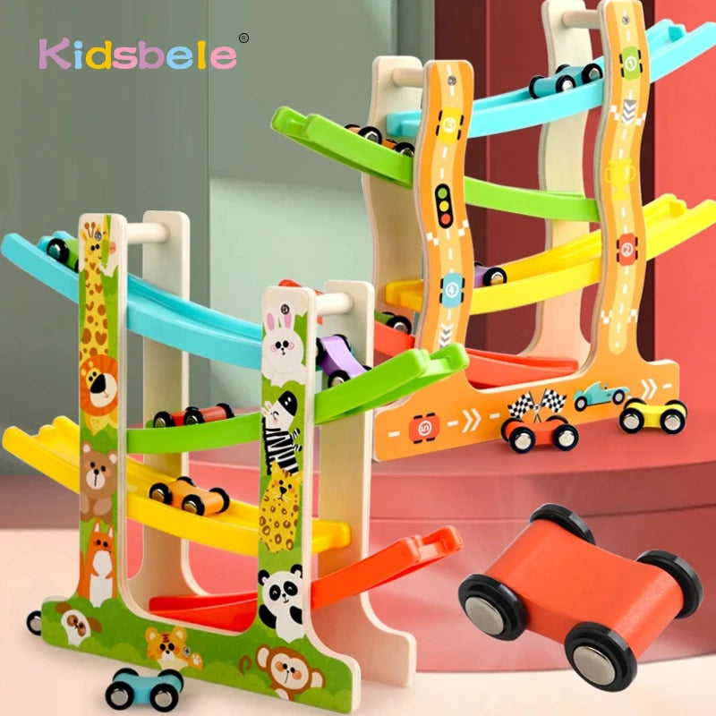 Kids Wooden Glider Track Toy – Four-Layer Montessori Car Ramp